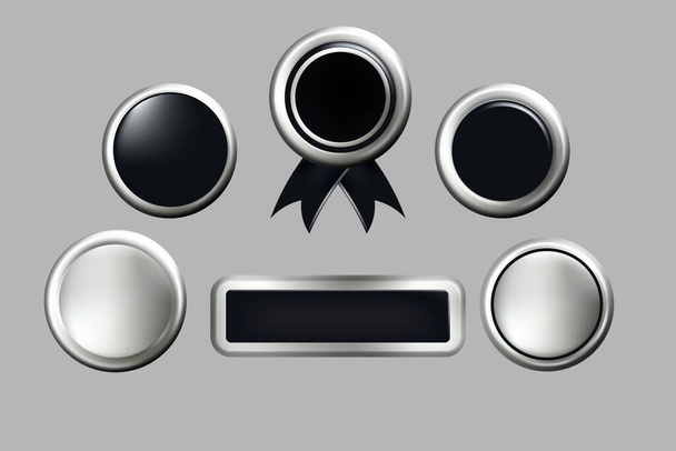 3d realistico argento e nero set distintivo timbro vettore, Vintage Art silhouette realistica rendere etichetta in metallo. - Vettoriali, immagini