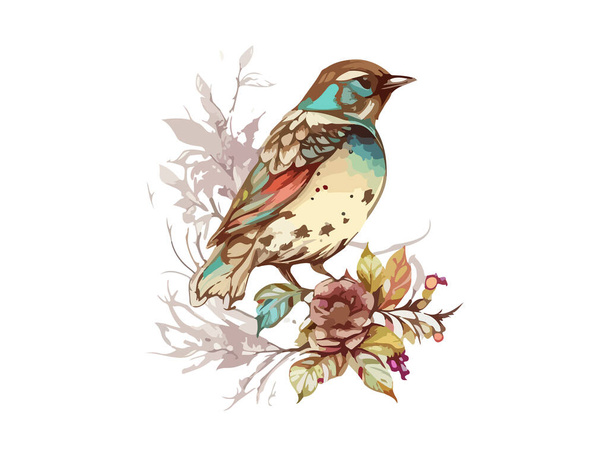 Aquarel vogel en mus vector illustratie Realistische hand getekend Schilderen, Op takken versierd met bladeren en bloemen, Witte geïsoleerde achtergrond. - Vector, afbeelding