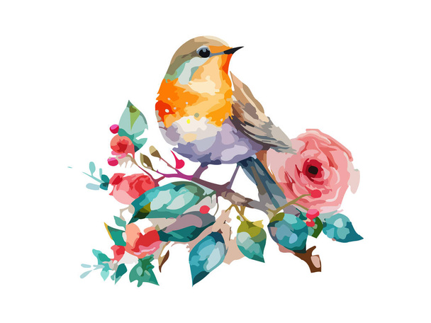Suluboya kuş ve serçe vektör çizimi gerçekçi el çizimi yapraklar ve çiçeklerle süslenmiş dallar, beyaz izole edilmiş arka plan.. - Vektör, Görsel