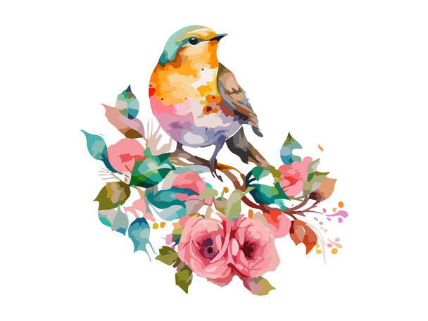 Watercolor bird and sparrow vector illustration Realistic hand drawn Painting, On branches decorated by leaves and flowers, White isolated background. - Vektör, Görsel
