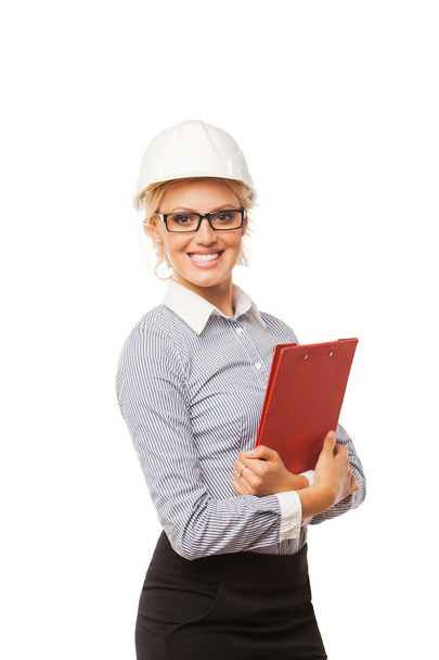 Woman construction worker with hard hat on white background - Фото, зображення