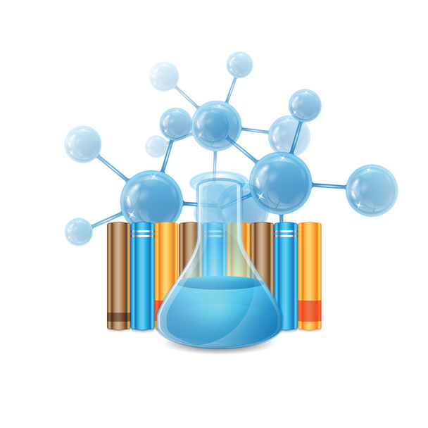 Reagenzglas und Moleküle und Bücher - Vektor, Bild