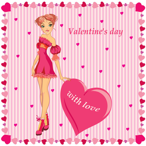 Valentinskarte mit Mädchen - Vektor, Bild