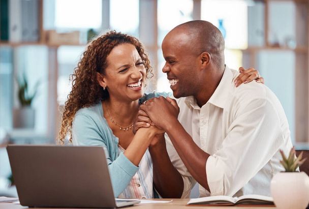 Happy, laptop and a couple excited about an email, insurance news and success in work. Hug, support and a black man and woman holding hands for a win, investment growth and planning future with a pc. - Foto, imagen