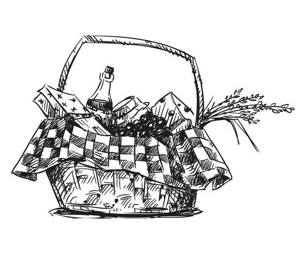 Picnic basket with snack. Hand drawn. - Vector, Image