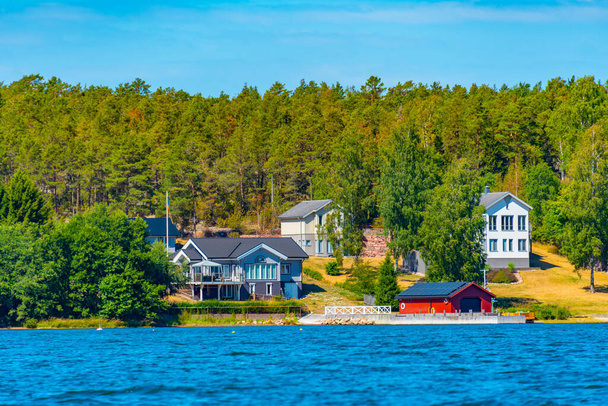 Seaside view of vacation houses at Mariehamn, Finland. - Fotoğraf, Görsel