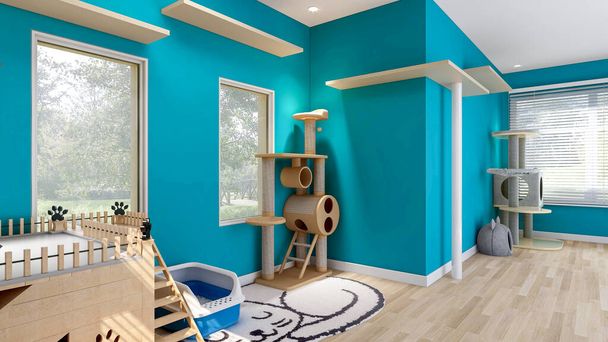 Interior de la habitación del gato en la pared azul con la casa del gato y el condominio del gato, sitio diseñado para el gato, representación 3d  - Foto, Imagen