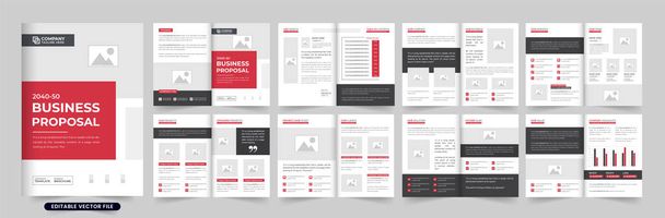 Şirket iş görüşü ve kırmızı ve koyu renkli portföy dergisi şablonu. Şirket tanıtım broşürü tasarımı ve fotoğraf tutucuları. İş profili ve genel görünüm şablonu. - Vektör, Görsel