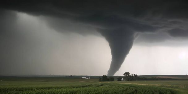 Super Ciclón o Tornado formando destrucción sobre un paisaje verde poblado - Foto, Imagen