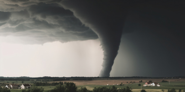 Super Cyclone of Tornado vormen vernietiging over een groen bewoond landschap - Foto, afbeelding