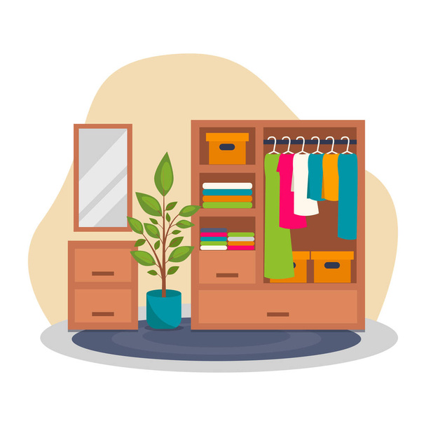 Bedroom interior. Vector, no background. Wardrobe with clothes, boxes, table with lockers, mirror, potted plant, carpet. - Vector, Image