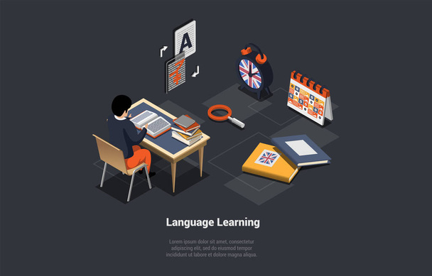 Language Learn App, Student Learn Foreign Language In Online School Ülés Asztalon. Karakter használata Remote Service nyelvtanulás nézés Laptop képernyőn. Izometrikus 3D-s vektor illusztráció. - Vektor, kép