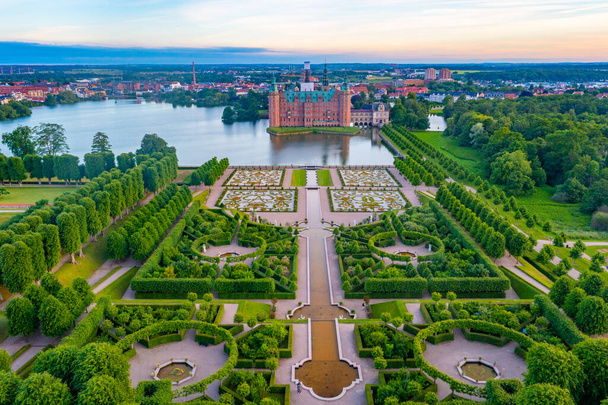 Sunset aerial view of gardens of Frederiksborg Slot palace in Denmark. - Fotó, kép