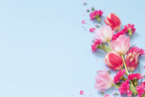 beautiful spring flowers on blue  background - Zdjęcie, obraz
