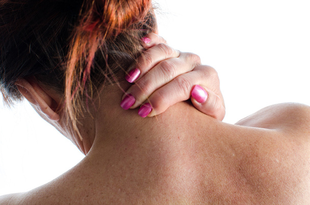 Mulher com dor no pescoço
 - Foto, Imagem