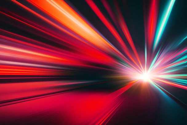 luz borrosa rastro de alta velocidad de gran alcance moviéndose hacia adelante noche vívida colorida ilustración abstracta para fondo - Foto, Imagen