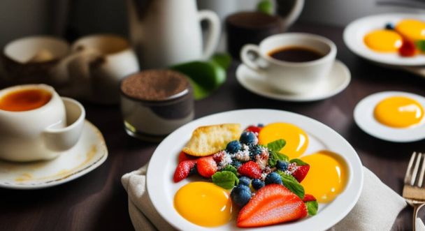 目玉焼き、イチゴ、ブルーベリーの朝食のクローズアップ写真. - 写真・画像