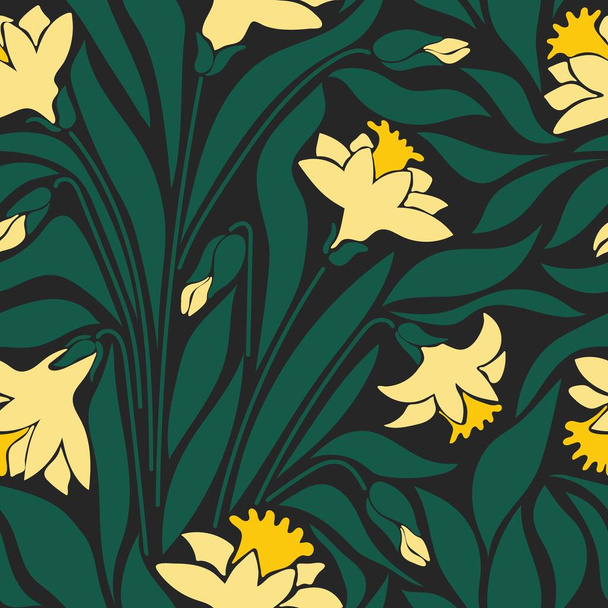 Aesthetic contemporary printable seamless pattern with narcissus. Modern floral background for textile, fabric, wallpaper, wrapping, gift wrap, paper, scrapbook and packaging - Vector, Image