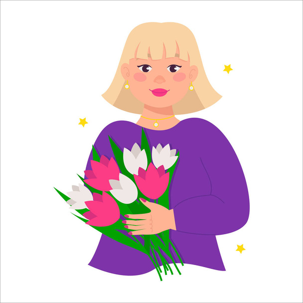 Красивая буксом женщина (девушка) держит букет цветов в руках. Блондинка с прической Боба. - Вектор,изображение