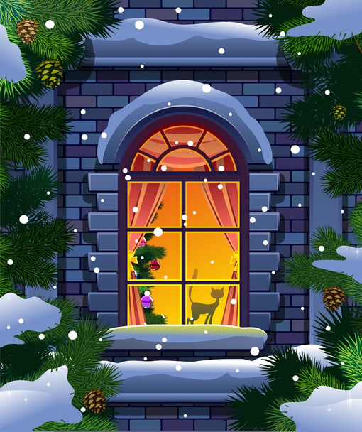Kış penceresi ve Ladin - Vektör, Görsel