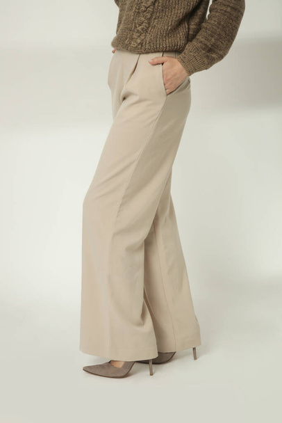 Modelo feminino vestindo bege inteligente casual alta ascensão largas calças de perna com saltos altos. Estúdio. - Foto, Imagem