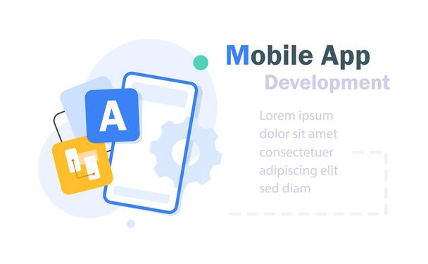 Mobiele app ontwikkeling concept, smartphone technologie, systeem upgrade - Vector, afbeelding