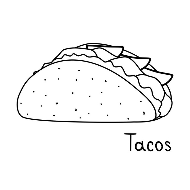 Tacos with tortilla shell Mexican lunch, doodle style flat vector outline illustration for kids coloring book - Vektori, kuva