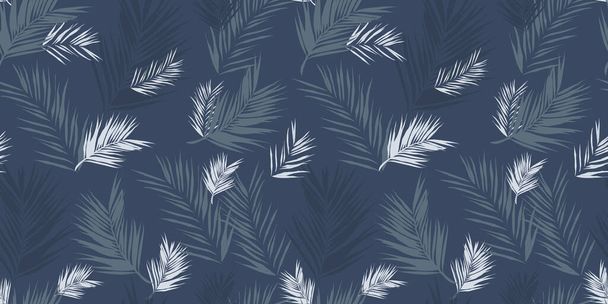palm leaves background, fashion summer floral vector seamless repeat pattern in blue, navy and grey colour for textile, fabric, wallpaper, wrapping paper, interior design, packaging, dress, for him - Вектор,изображение