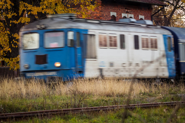 Μεταφορά τρένο πηγαίνει με μεγάλη ταχύτητα με τα φθινοπωρινά δέντρα και το σιδηροδρομικό - Φωτογραφία, εικόνα