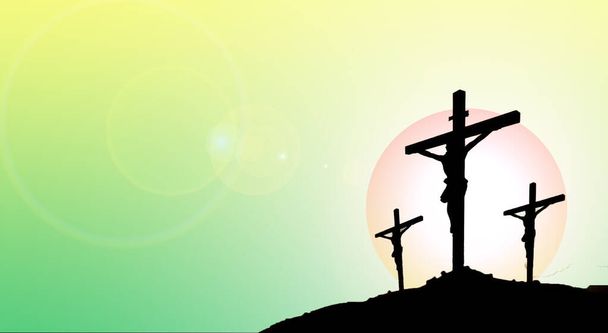 Croix de Pâques avec un soleil en arrière-plan en fond orange avec une lueur en arrière-plan - Photo, image