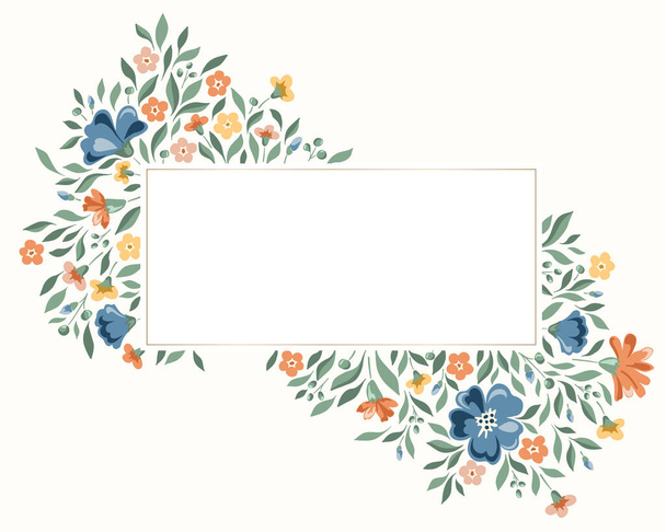 Delicate Chintz Romantic Meadow Wildflowers Vector Rectangular Frame. Cottagecore Garden Flowers and Foliage Print. Homestead Bouquet. Farmhouse Wedding Invitation Card - Vector, afbeelding