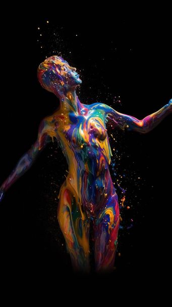 Abstract woman body shaped psychedelic colors acrylic paint on a black background. - Fotoğraf, Görsel