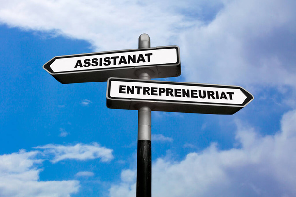 Dos señales de dirección, una apuntando a la izquierda y la otra, apuntando a la derecha, con escrito en francés: Assistanat / Entrepreneuriat, que significa en inglés: Assistantship / Entrepreneurship. - Foto, imagen