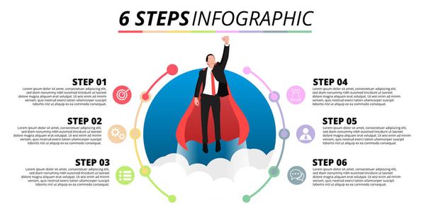 6 Step Infographic Super Businessman Career Path - Wektor, obraz