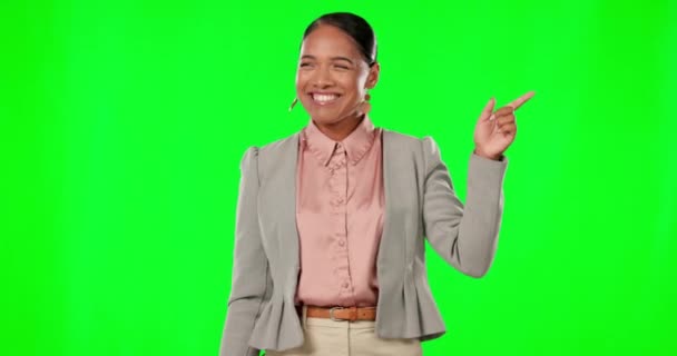 Business woman on green screen, pointing and advertisement with product placement and happy in portrait. Dancing, branding and marketing with brand logo or promotion with deal announcement and mockup. - Materiał filmowy, wideo