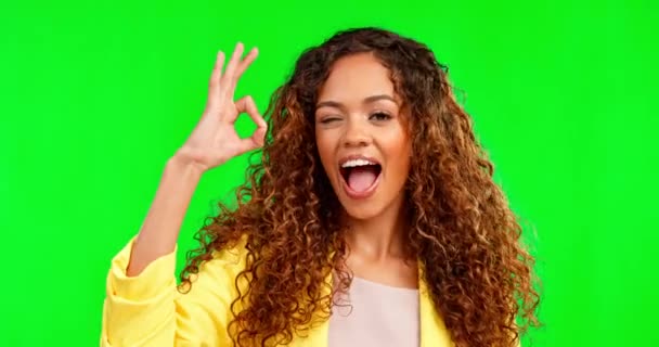 Face, wink and woman with okay sign on green screen in studio isolated on a background. Portrait, funny and happy mixed race female with hand gesture, emoji or symbol for perfect, approval or success. - Footage, Video