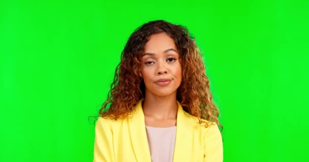 Green screen, annoyed and face of woman in studio with whatever, moody or bad attitude on mockup background. Upset, portrait and irritated girl with expression, feelings and emoji emotion isolated. - Imágenes, Vídeo