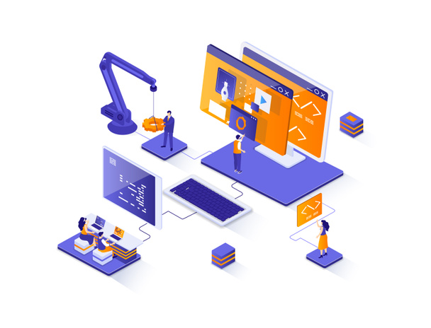 Web development isometric web banner. Full stack development company isometry concept. Software engineering 3d scene, application design and programming. Illustration with people characters. - Photo, Image