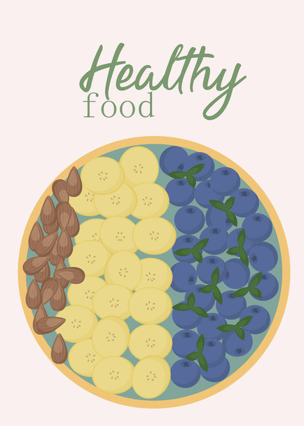 Banner on the theme of healthy Latin American food. Acai bowl with different fruits and nuts. - Wektor, obraz