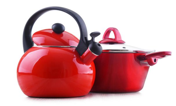 Sstainless steel stovetop kettle with whistle and pot isolated on white - Photo, Image
