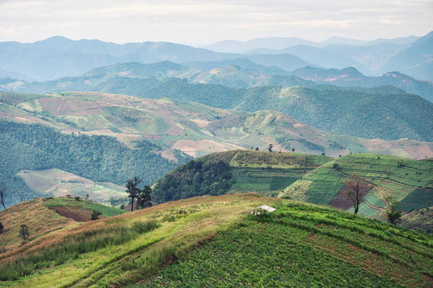 Landschaft von Hügel und Hütte auf landwirtschaftlichem Plateau in der Landschaft von Doi Mae Tho - Foto, Bild