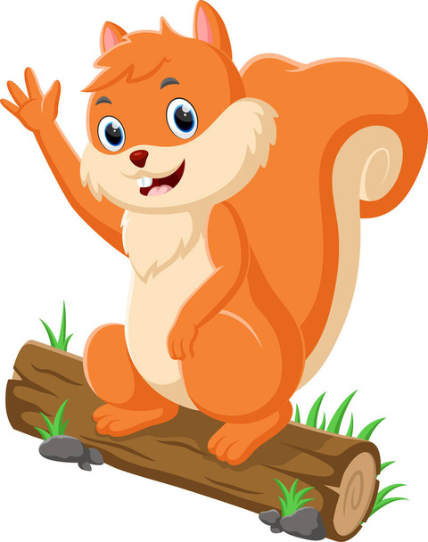Vector Illustration of Cartoon funny squirrel on log wood - Вектор,изображение