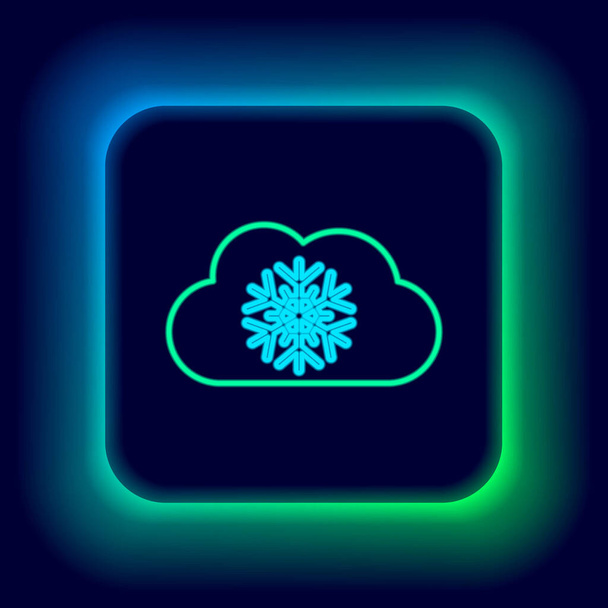 Brillante línea de neón Nube con icono de nieve aislado sobre fondo negro. Nube con copos de nieve. Icono de tiempo único. Signo de niebla. Concepto de esquema colorido. Vector - Vector, imagen