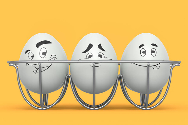 Farm white painted egg with expressions and funny face in metal wire tray on yellow background. 3d render of Easter eggs template design for greeting and invitation cards with emotions - Foto, immagini