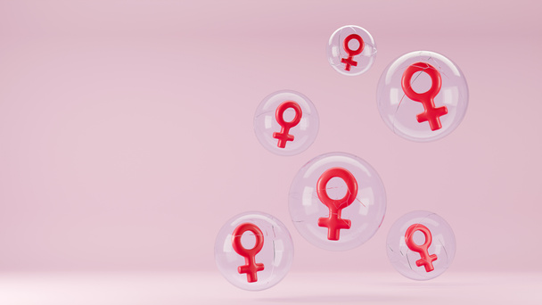 Feminism concept. Red venus symbol in cracked bubbles. Background copy space. 3d rendering. - Фото, изображение