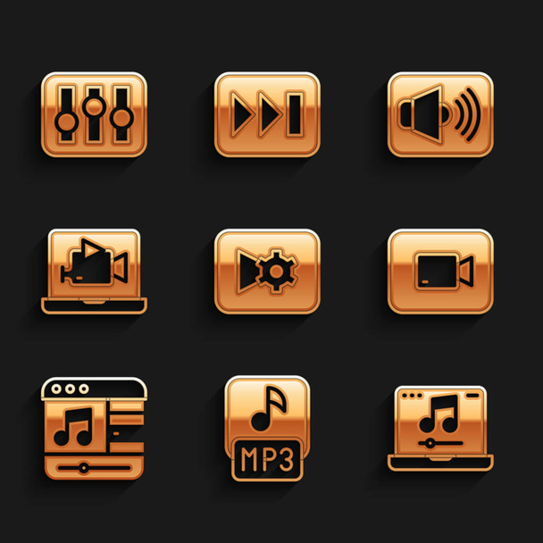 Set Music or video settings, MP3 file, Laptop with music, Play button, player, Online, Speaker volume and Sound mixer controller icon. Vector - Vector, Image