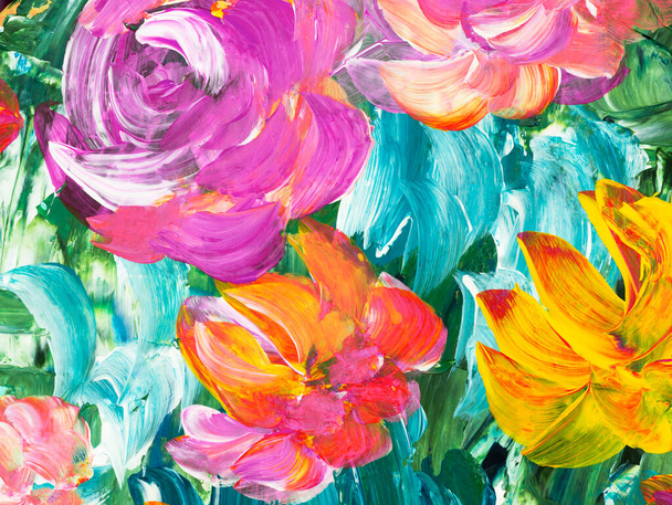 Pittura astratta fiori rosa e gialli, originale disegnato a mano, stile impressionismo, texture di colore, pennellate sfondo arte. Arte moderna. Arte contemporanea. - Foto, immagini
