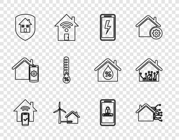 Definir linha Smart home sistema de controle remoto, bateria de carregamento móvel, casa com turbina eólica, sob proteção, umidade e senha e ícone. Vetor - Vetor, Imagem