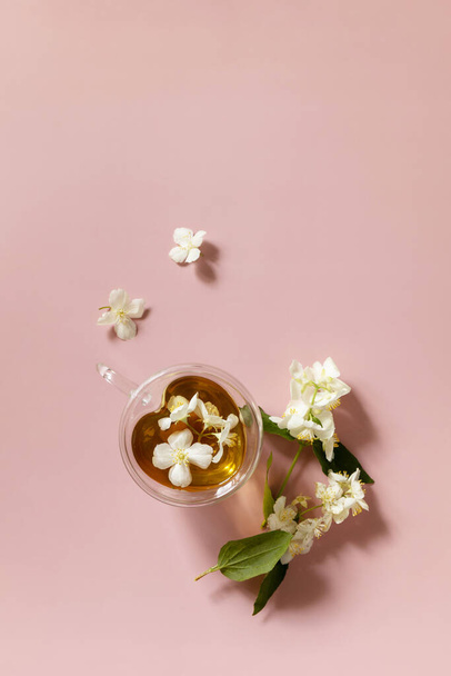 Чашка жасминового чая с жасминовыми цветами на розовом пастельном фоне. Органические натуральные напитки. Вид сверху.  - Фото, изображение