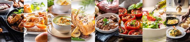 All sorts of different read-made meals in a single food concept banner size photo. - Valokuva, kuva